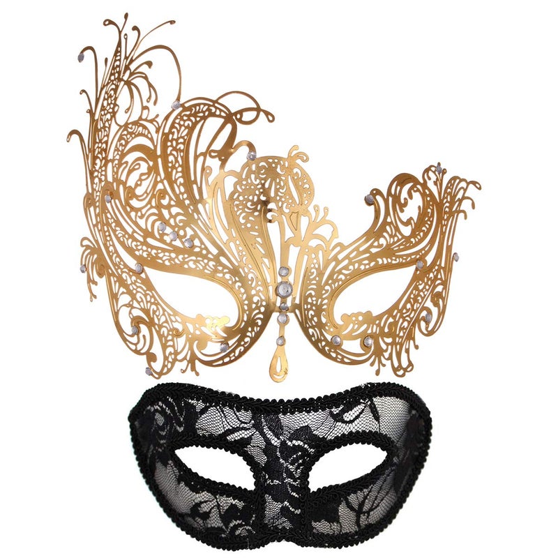 MYMENU Masquerade Mask for Couples Women Metal Rhinestone Venetian Party Evening Prom ball (Queen Gold) - Image 1